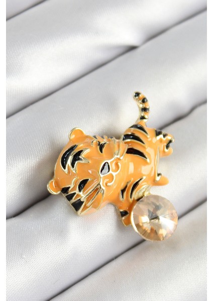 Zirkon Taşlı Siyah Çizgili Turuncu Kaplan Figürlü Gold Renk Kadın Broş TG27BR455