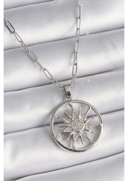 316L Çelik Gümüş Renk Zirkon Taşlı Güneş Madalyon Model Kadın Kolye TG27BKO9529