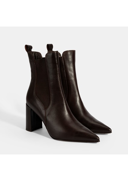 Kadın Kahve Lastikli Topuklu Deri Bot