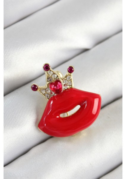 Zirkon Taşlı Kraliçe Taç Detaylı 3D Kırmızı Dudak Figürlü Gold Renk Kadın Broş TG27BR449