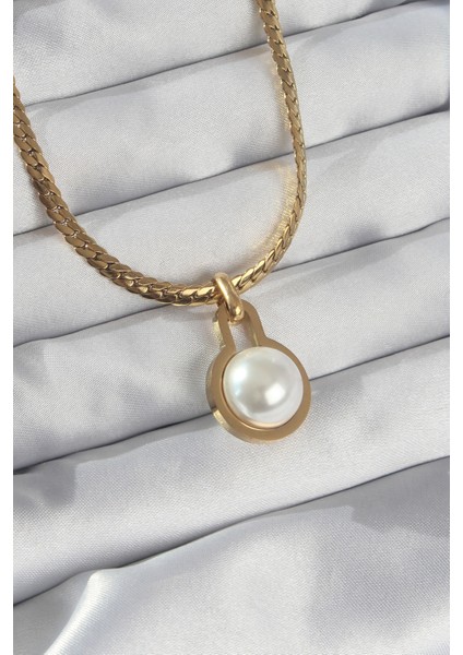 316L Çelik Gold Renk Yassı Zincir Inci Taşlı Kolye TG27BKO8903