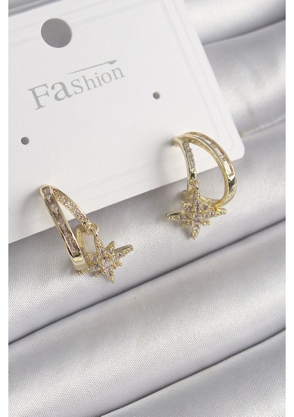 Pirinç Gold Renk Zirkon Taşlı Halka Model Yıldız Detay Kadın Küpe TG27BKP9989