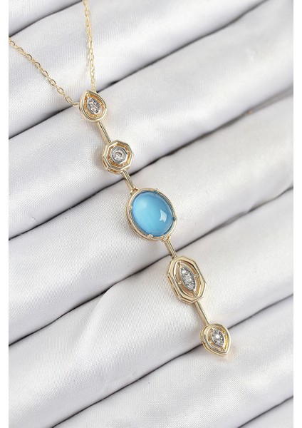 Pirinç Zincir Mavi Gold Renk Zirkon Taşlı Y Kolye TG27BKO10558
