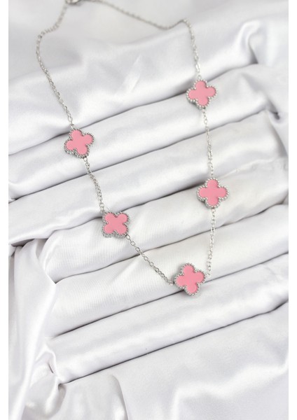 316L Çelik Zincir Gümüş Pembe Renk Yonca Kadın Kolye TG27BKO10584 fiyatları