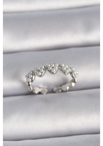 Pirinç Gümüş Renk Ayarlanabilir Incili Kalp Model Kadın Yüzük TG27BYK3411