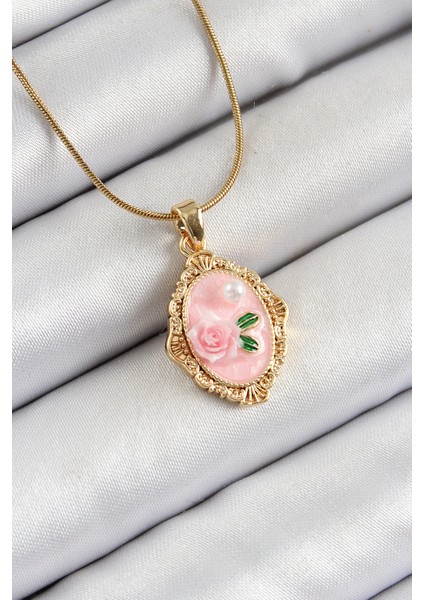 316L Çelik Zincir Pembe Sanatsal Portre Inci Detaylı Gül Figürlü Model Gold Renk Kadın Kolye TG27BKO10281