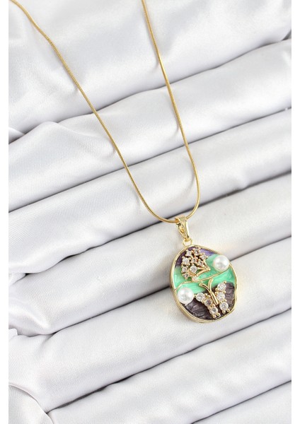 316L Çelik Zincir Zirkon Taşlı Yeşil Mor Sanatsal Portre Inci Detaylı Ağaç ve Kelebek Figürlü Model Gold Renk Kadın Kolye TG27BKO10283 fiyatları