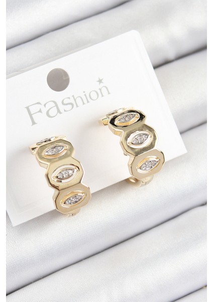Pirinç Zirkon Taşlı Damla Figürlü Halka Model Gold Renk Kadın Küpe TG27BKP10784