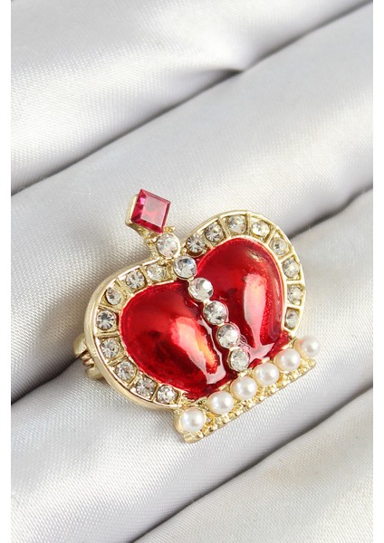 Zirkon Taşlı Inci Detaylı Kırmızı 3D Kraliçe Taç Figürlü Gold Renk Kadın Broş TG27BR441