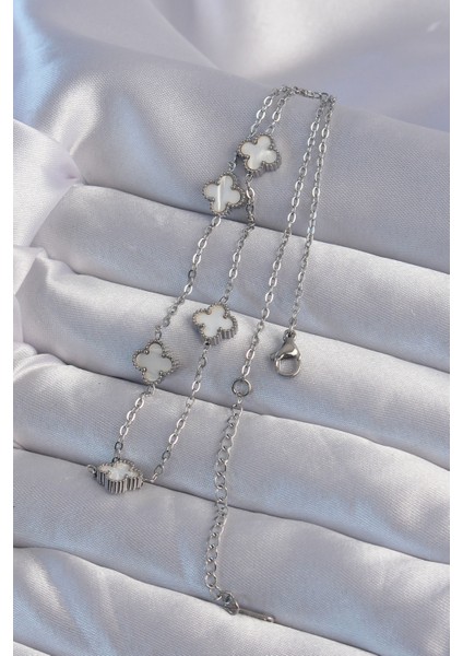 316L Çelik Gümüş Renk Minimal Beyaz Sedefli Yonca Kolye TG27BKO9001 fiyatları