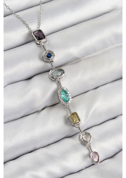 Pirinç Renkli Zirkon Taşlı Model Gümüş Renk 7 Element Kadın Y Kolye TG27BKO10440