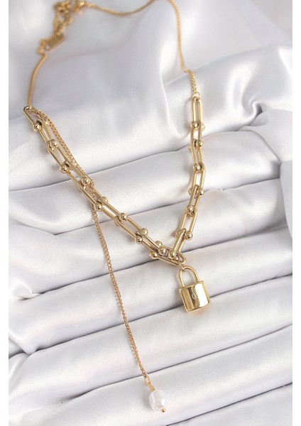 316L Çelik Gold Renk Tifany Zincir Model Kilit Figür Sallantı Inci Detay Kadın Kolye TG27BKO9938 fiyatları