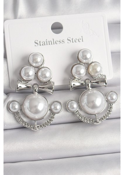 Pirinç Gümüş Renk Sallantı Incili Çapa Model Kadın Küpe TG27BKP10086