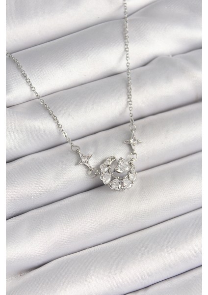 316L Çelik Gümüş Renk Zirkon Taşlı Hilal Kalp Model Kadın Kolye TG27BKO9929