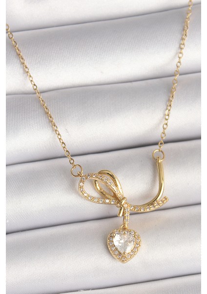 316L Çelik Gold Renk Zincir Zirkon Taşlı Düğüm Sallantı Kalp Model Kadın Kolye TG27BKO9857