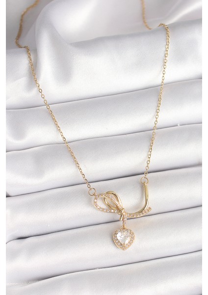 316L Çelik Gold Renk Zincir Zirkon Taşlı Düğüm Sallantı Kalp Model Kadın Kolye TG27BKO9857 fiyatları