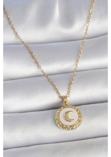 316L Çelik Gold Renk Zincir Beyaz Mineli Hilal Işlemeli Madalyon Model Kadın Kolye TG27BKO10035