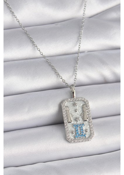 316L Çelik Gümüş Renk Zincir Ikizler Burcu Zirkon Taşlı Kadın Kolye TG27BKO9446