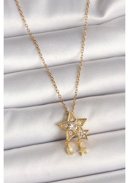 316L Çelik Gold Renk Zincir Zirkon Taşlı Yıldız Model Sallanı Ay Yıldız Detay Kadın Kolye TG27BKO9973