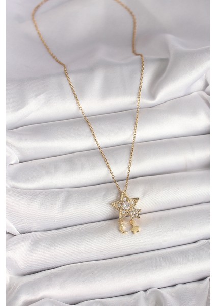316L Çelik Gold Renk Zincir Zirkon Taşlı Yıldız Model Sallanı Ay Yıldız Detay Kadın Kolye TG27BKO9973 fiyatları