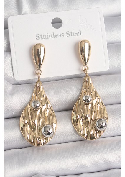 Pirinç Gold Renk Sallantı Damla Model Gümüş Top Detay Kadın Küpe TG27BKP10068