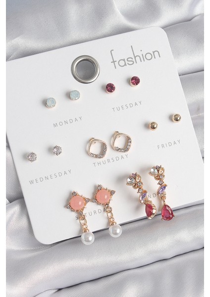 Pirinç Gold Renk Zirkon Taşlı Sallantı Inci Detay 7 Çift Kadın Küpe TG27BKP10534