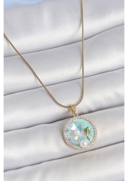 316L Çelik Gold Renk Zincir Zirkon Taş Detaylı Mavi Mineli Çiçek Işlemeli Inci Detay Kadın Kolye TG27BKO10137