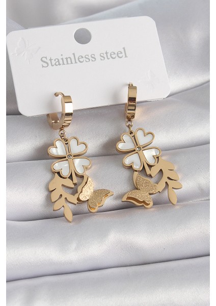 316L Çelik Gold Renk Beyaz Sedefli Yonca Simli Kelebek Figür Kadın Küpe TG27BKP9566