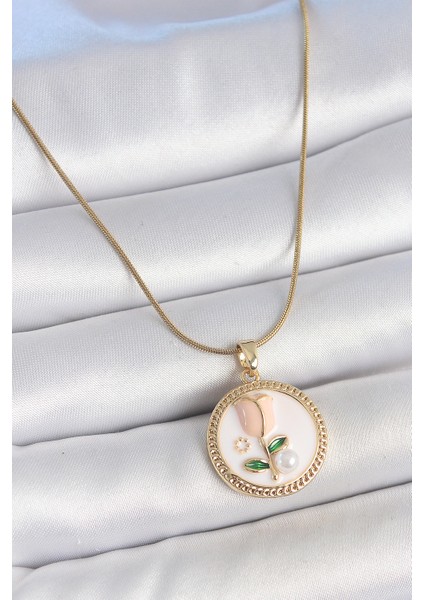 316L Çelik Gold Renk Beyaz Mineli Incili Çiçek Işlemeli Portre Model Kadın Kolye TG27BKO10180