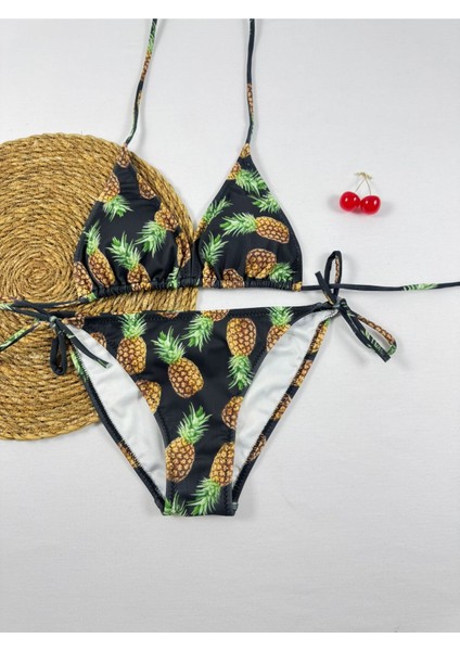 Ananas Desenli Ipli Üçgen Kadın Bikini Takımı