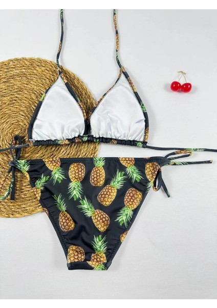 Ananas Desenli Ipli Üçgen Kadın Bikini Takımı modelleri