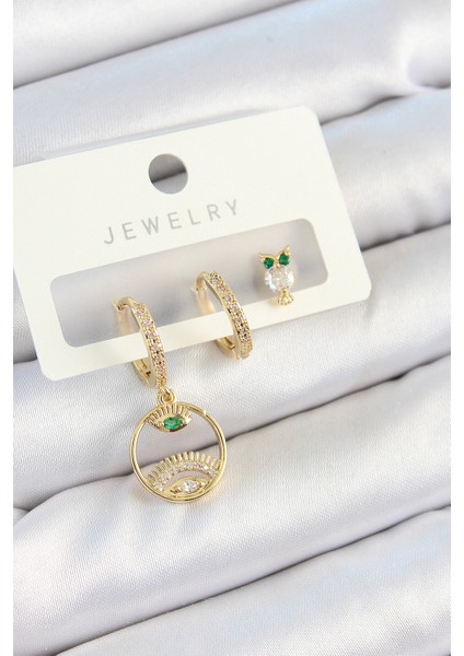 Pirinç Zirkon Taşlı Göz ve Baykuş Model Gold Renk 3'lü Çift Kadın Küpe Set TG27BKP10831