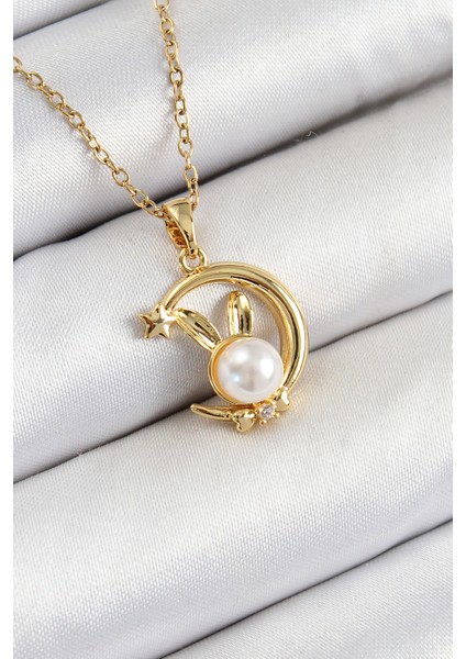 316L Çelik Inci Detaylı Hilal Tavşan Model Gold Renk Kadın Kolye TG27BKO10347