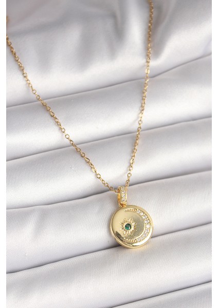 316L Çelik Gold Renk Zincir Zirkon Taş Işlemeli Hilal Yıldız Işlemeli Madalyon Model Kadın Kolye TG27BKO9952