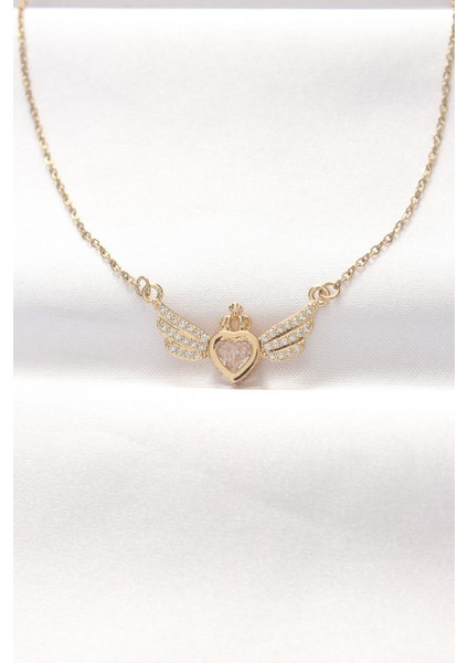 316L Çelik Gold Renk Zirkon Taşlı Kalpli Kanat Kolye TG27BKO8516