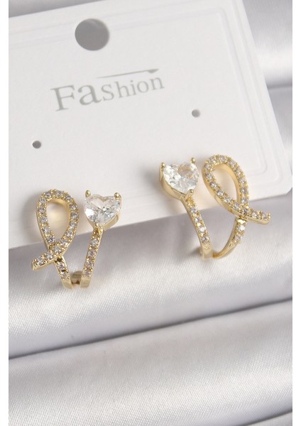 Pirinç Gold Renk Düğüm Model Zirkon Taşlı Kalp Detay Kadın Küpe TG27BKP9909