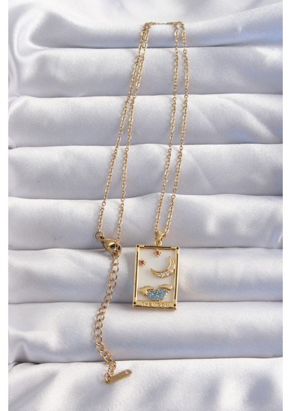 316L Çelik Zincir Gold Renk Ay Detay Mavi Zirkon Taşlı Tarot Kolye TG27BKO8980 fiyatları