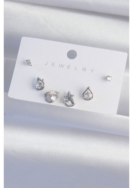 Pirinç Gümüş Renk Zirkon Taşlı Damla Model Küpe Seti TG27BKP9320 fiyatları