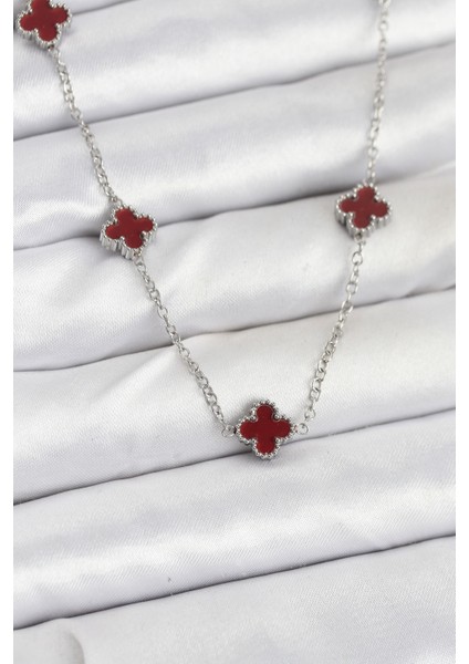 316L Çelik Zincir Gümüş Renk Bordo Baby Boy Yonca Kadın Kolye TG27BKO10577