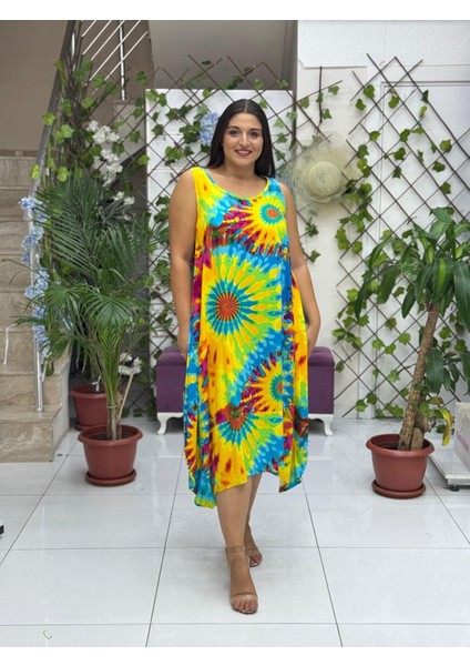 BD13305 Viskon Kolsuz Bodrum Batikli Elbise