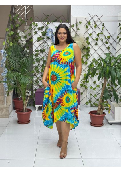 BD13305 Viskon Kolsuz Bodrum Batikli Elbise modelleri