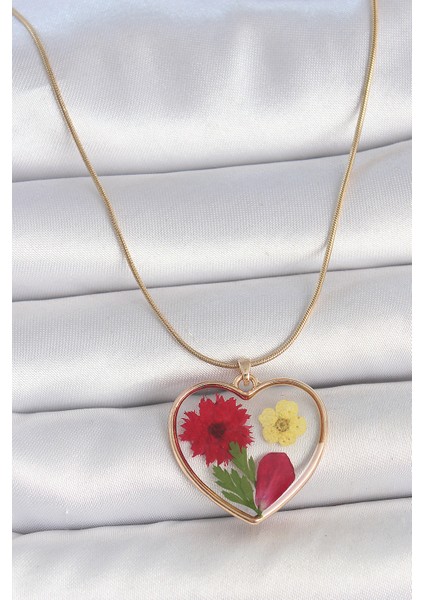 316L Çelik Gold Renk Zincir Epokis Kalp Doğal Çiçek Model Kadın Kolye TG27BKO10068