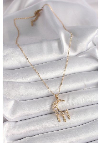 316L Çelik Gold Renk Zincir Zirkon Taşlı Hilal Model Sallantı Yaprak Detay Kadın Kolye TG27BKO9650 fiyatları