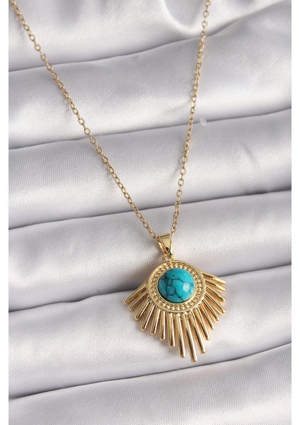 316L Çelik Gold Renk Zincir Mavi Boncuk Güneş Model Kadın Kolye TG27BKO9502