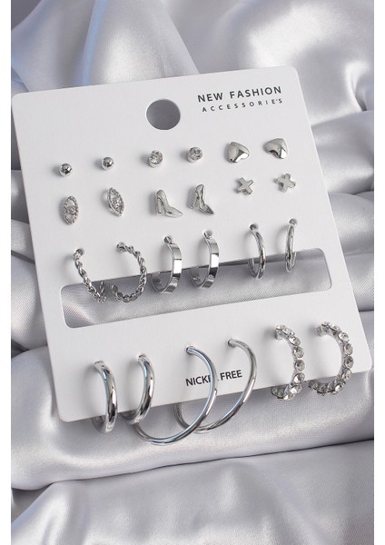 Pirinç Gümüş Renk 12 Çift Kadın Küpe Seti TG27BKP9683