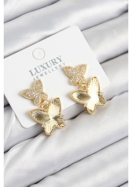 Pirinç Zirkon Taşlı Kelebek Model Gold Renk Kadın Küpe TG27BKP11209