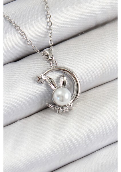 316L Çelik Inci Detaylı Hilal Tavşan Model Gümüş Renk Kadın Kolye TG27BKO10348