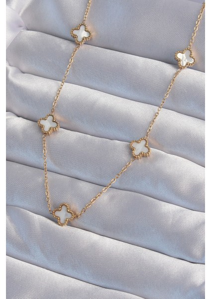 316L Çelik Gold Renk Minimal Beyaz Sedefli Yonca Kolye TG27BKO9002