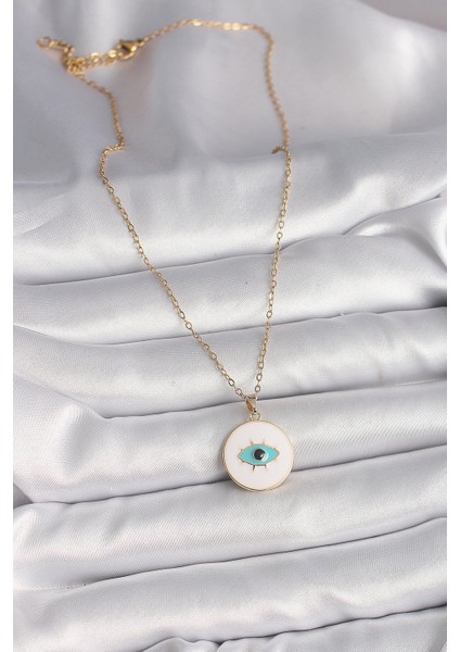 316L Çelik Gold Renk Zincir Beyaz Mineli Turkuaz Göz Işleme Model Kadın Kolye TG27BKO9730 fiyatları