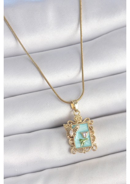 316L Çelik Gold Renk Zincir Mavi Mineli Çiçek Işlemeli Zirkon Taşlı Kelebek Detay Portre Model Kadın Kolye TG27BKO10189